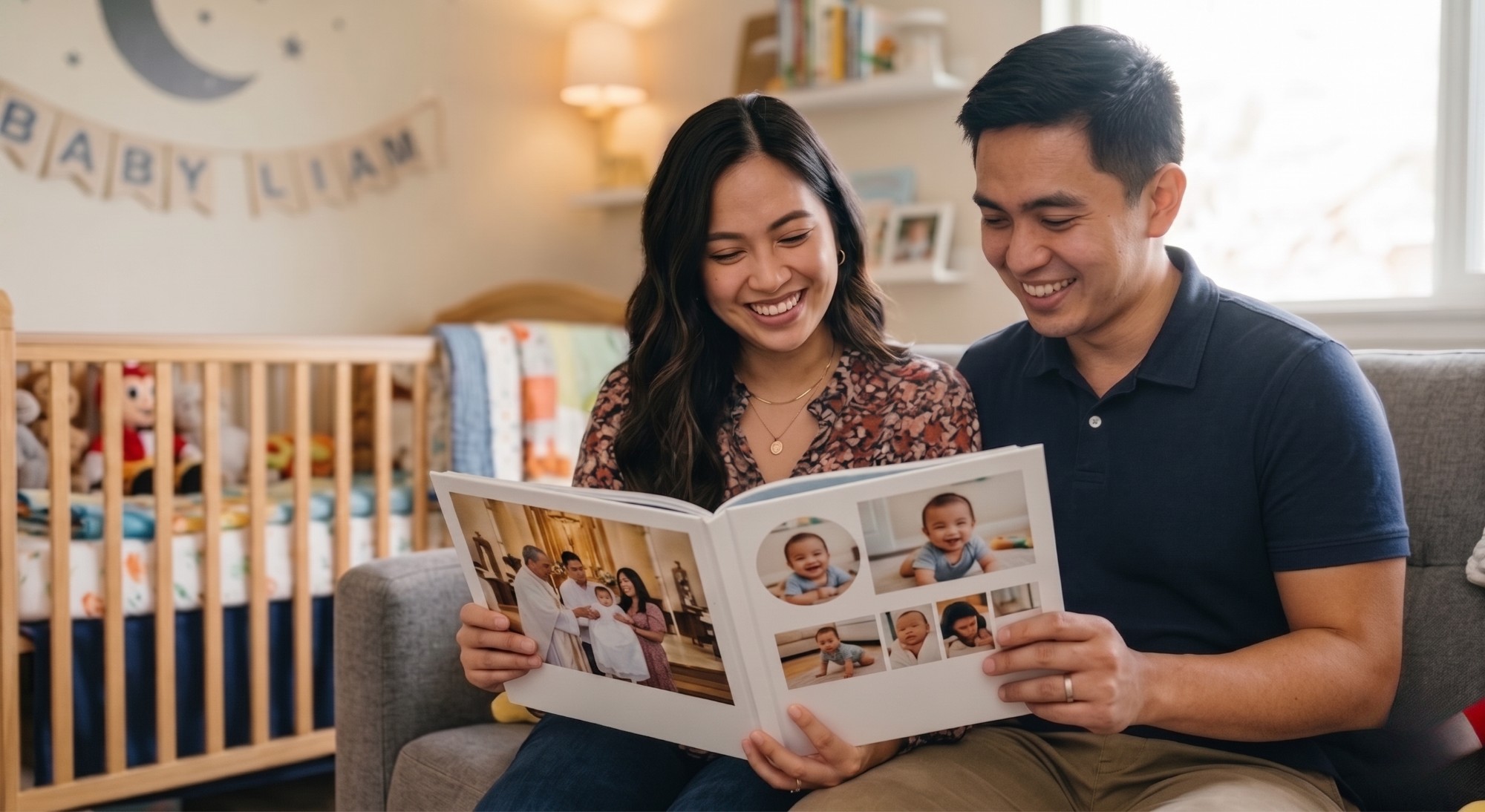 Happy Filipino parents holding their baby milestone photo book from Moments Photo Book Concierge
