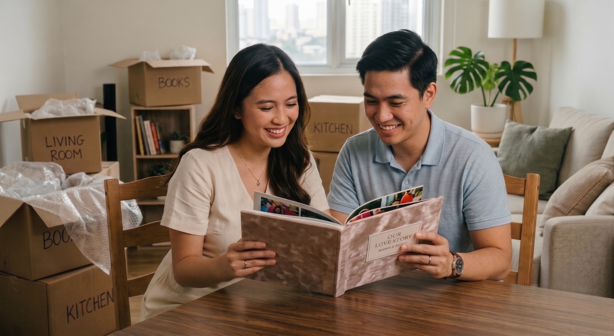 Filipino couple smiling over their Love Story photo book while moving into their new home