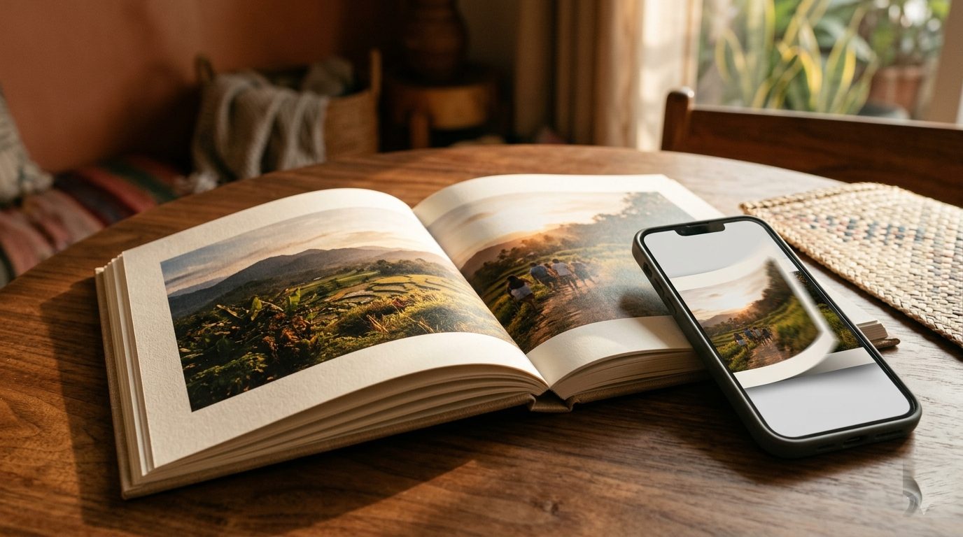 Open Moments photo book on a warm wooden table beside a phone showing the same page as a digital flipbook