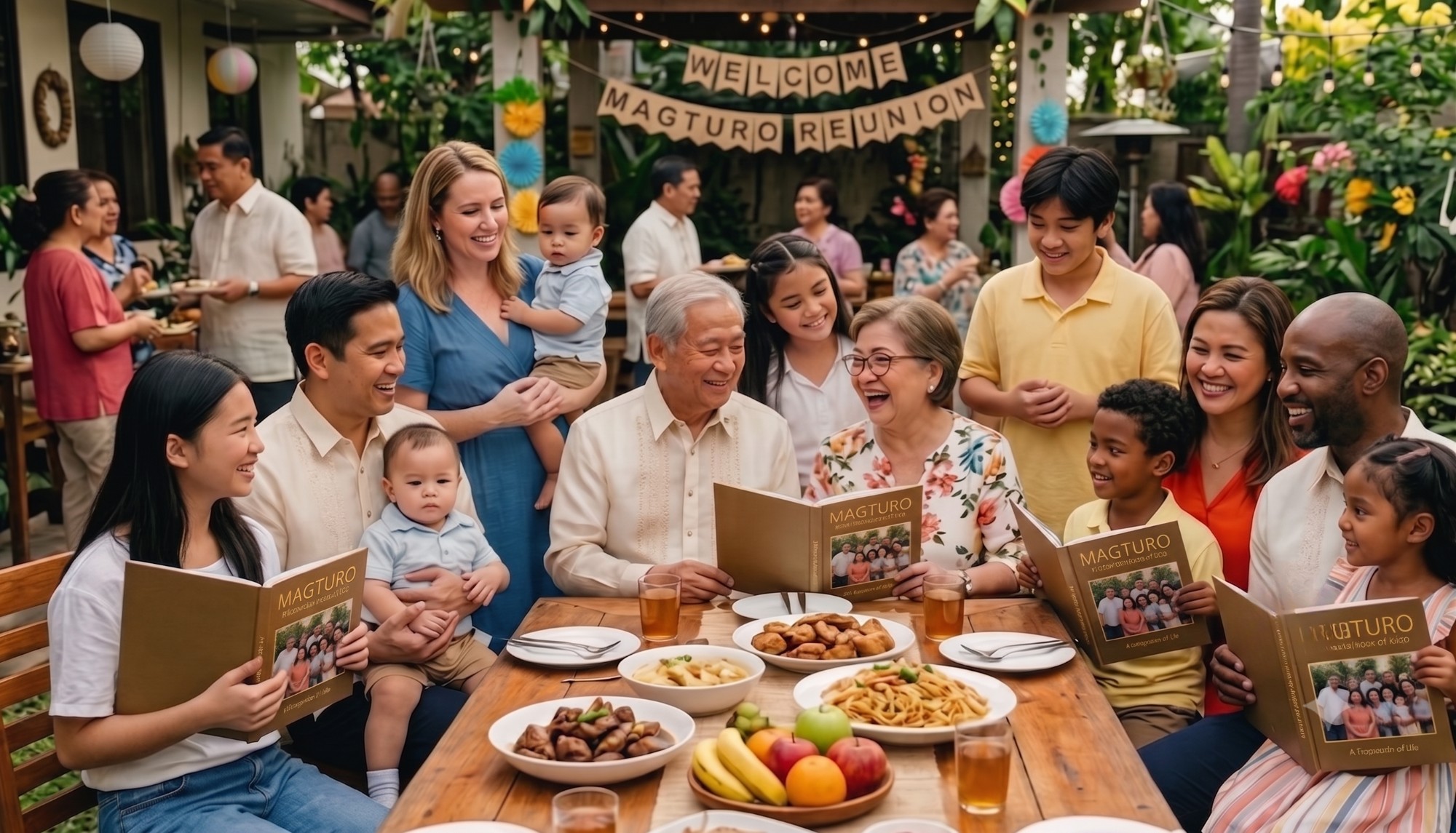 Multi-generational Filipino family reunion sharing Magturo family photo books over a festive outdoor meal