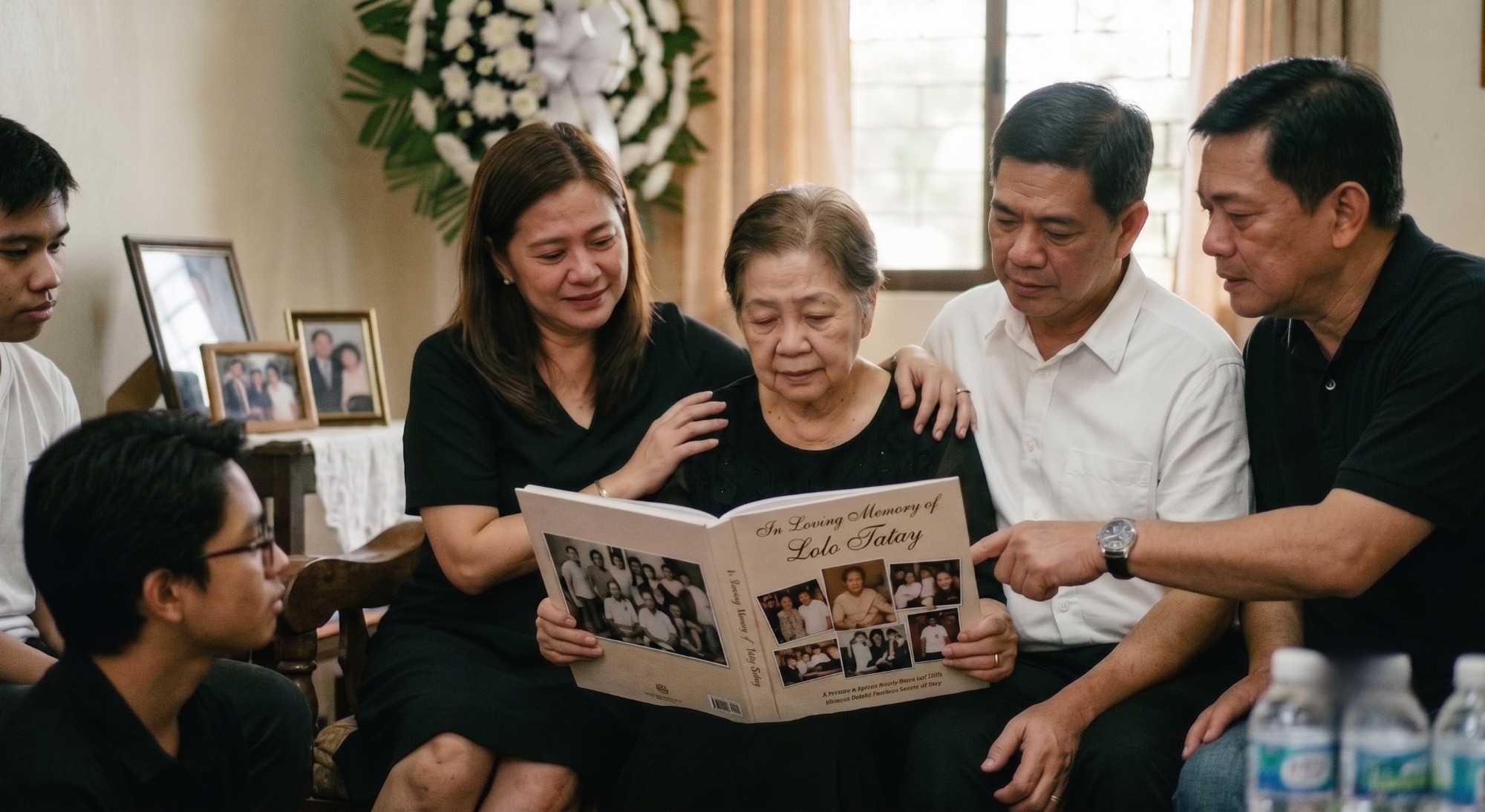 Filipino family gathered at a wake reading an In Loving Memory of Lolo Tatay memorial photo book from Moments