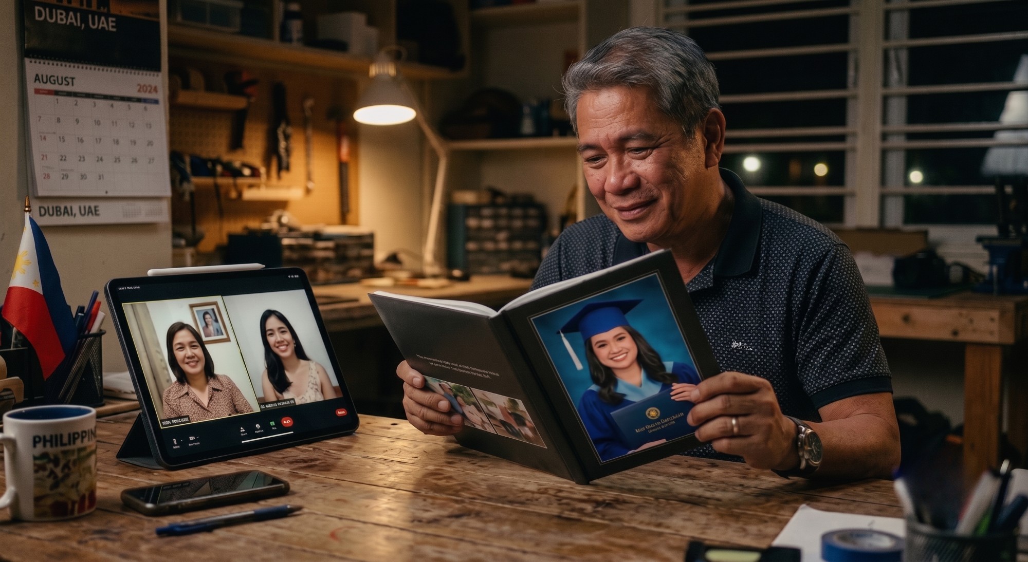 OFW father in Dubai reading his daughter graduation photo book while on a video call with family in the Philippines